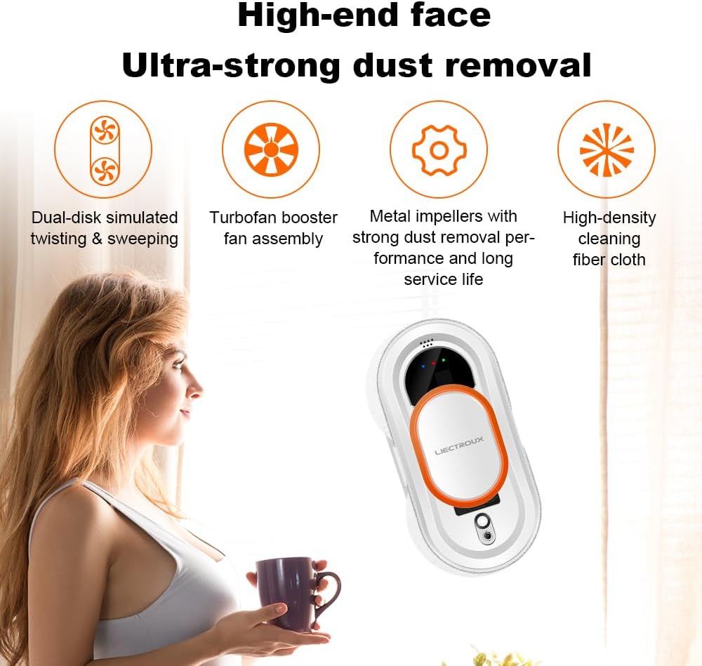 Icons representing dual-disk twisting, turbofan booster, metal impellers, and high-density cleaning fiber cloth.