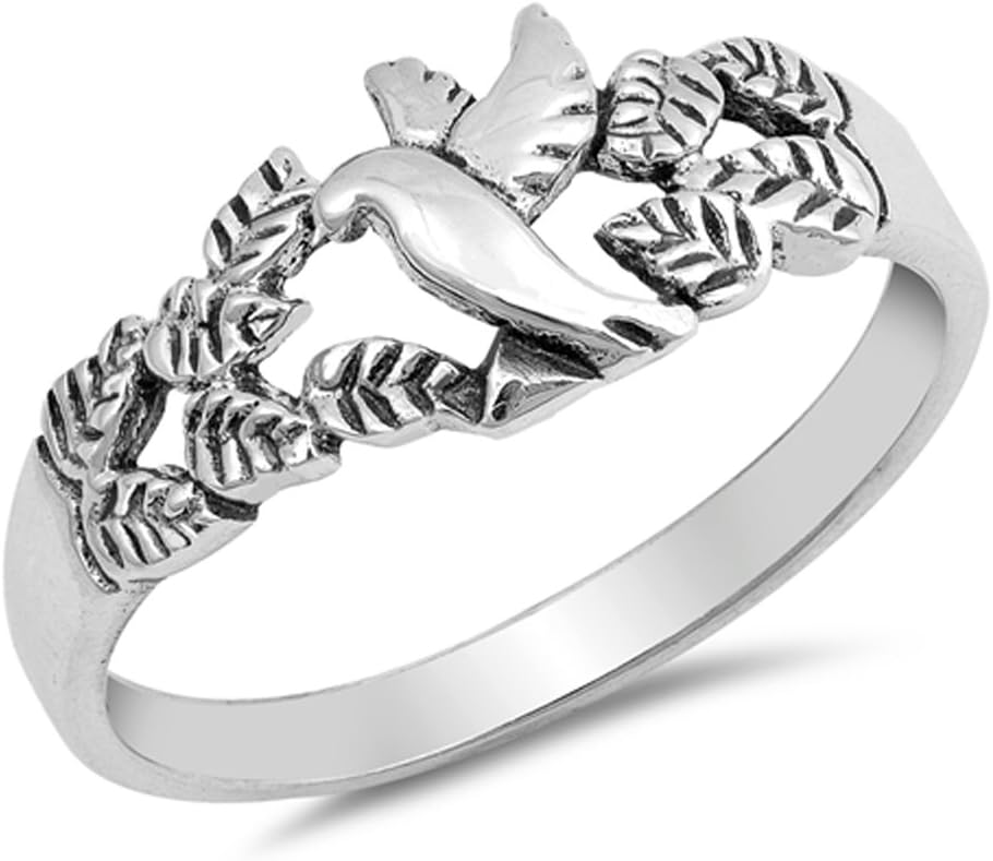 Dove Leaf Oxidized Peace Bird Filigree Ring .925 Sterling Silver Band Sizes 5-10