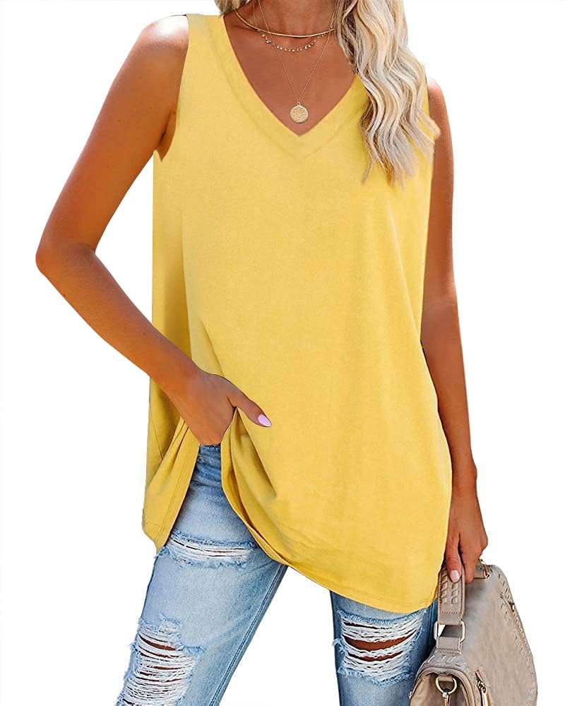 Fisoew Damen Tank Top V-Ausschnitt Blusentop Sommer Basic Tops Ärmellos Bluse Locker Cami Oberteile