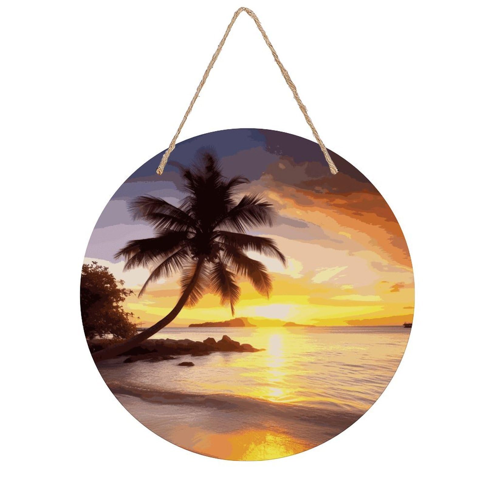 MUSM Sunrise Tropical Palm Tree Island Wall Art Decor Round Wooden Wall Decor Hanging Decorative Wood Plaque with Ropes Vintage Hanging Sign Hanging Plaque for Indoor Outdoor Wall Artwork