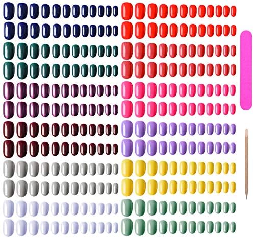 EBANKU 960 Pieces Colorful Short False Nails Round Artificial Fake Nails Full Cover Coffin Press on Nails Natural False Nails for Women Girls with 1pcs Nail File 1pcs Nail Stick