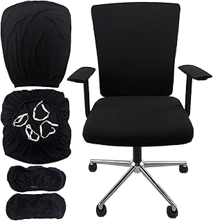 4Pcs Office Chair Covers Stretchable Set Desk Chair Cover Computer Chair Cover with 4 Non-Slip Elastic Straps Protective Armrest Slipcovers Pads Backrest Cushion for Rotating Chair (Black)