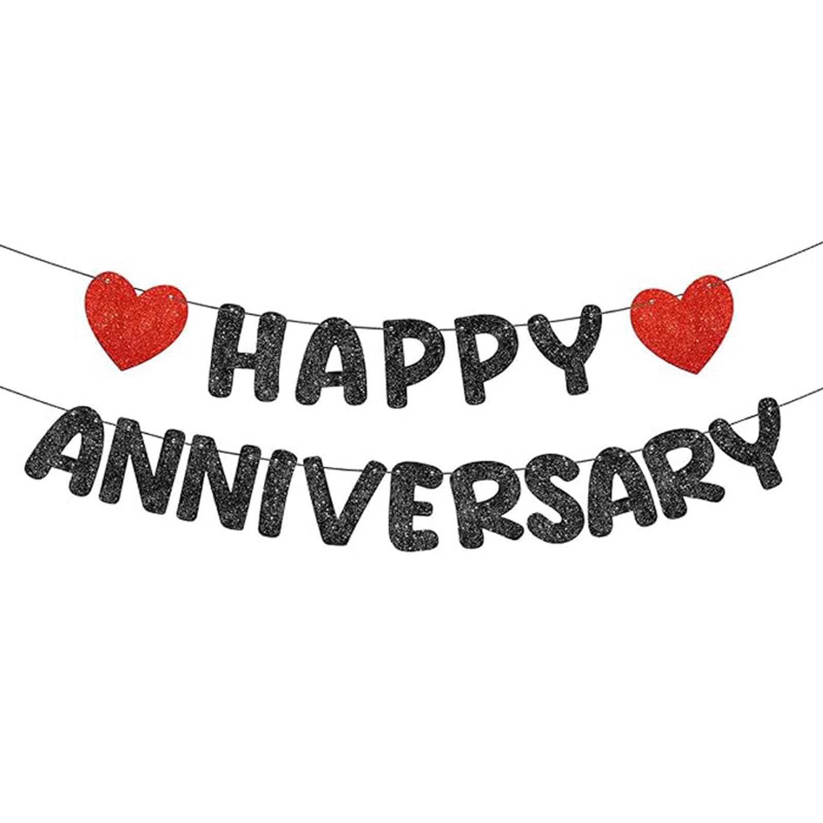 Happy Anniversary Banner - Red & Black Elegant Glitter Banner for Wall Decor, Easy to Install & Reusable, Perfect for Anniversary Party Decorations and Celebration