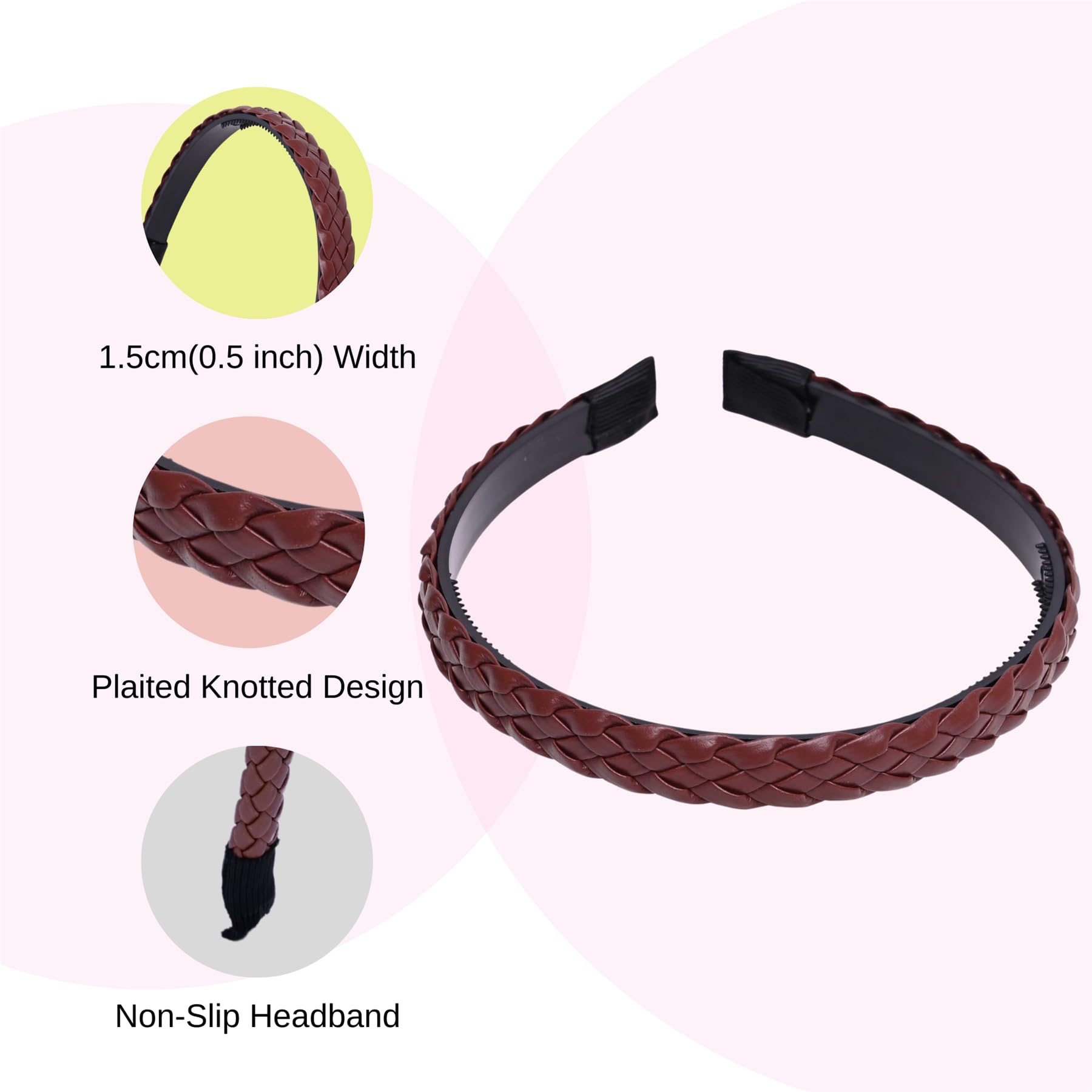 Basic Sense Leather Braided Headbands for Women & Teens PU Plaited Aliceband, Hairband - 2pcs, Dark Brown - Image 3