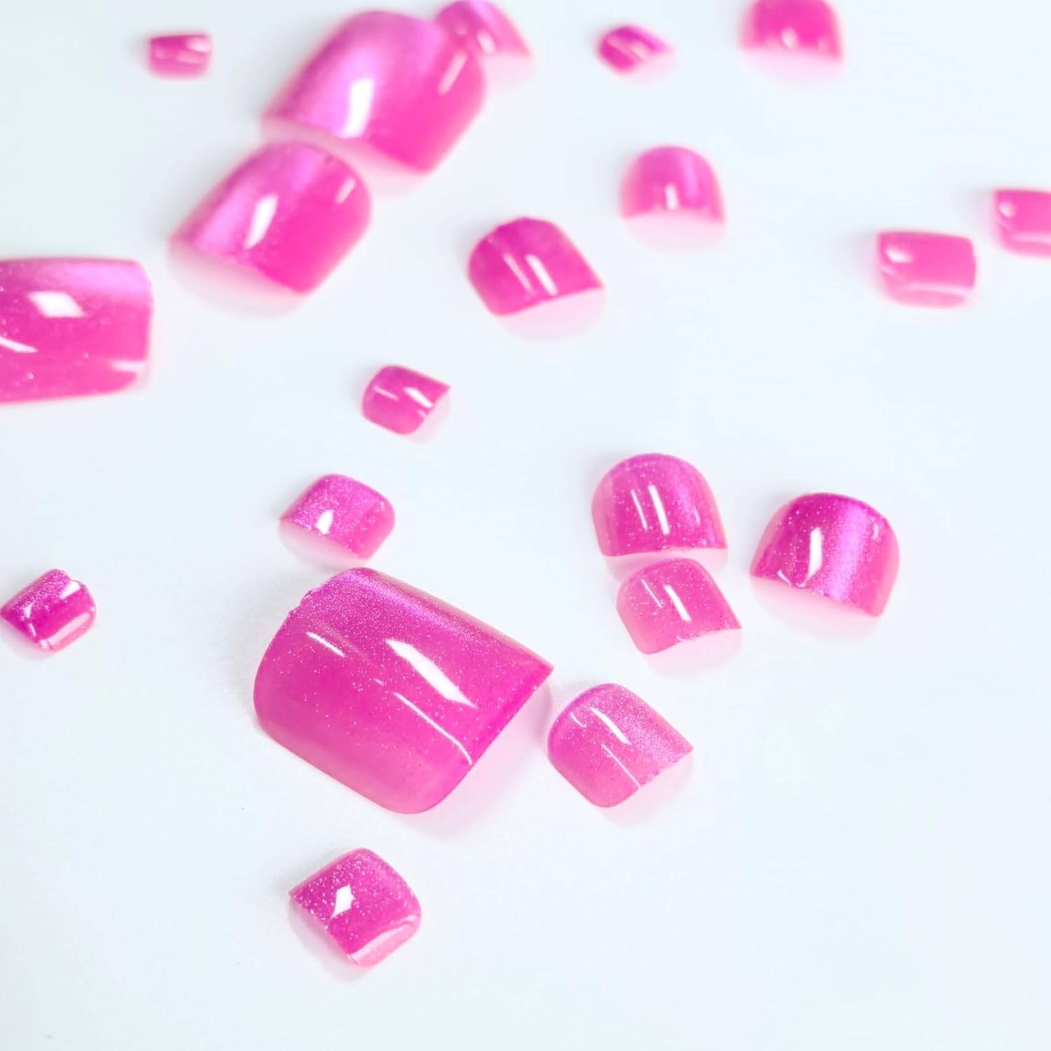 24 Pcs Press On Toenails, Hot Pink Glitter Short Square Fake Toenails, Reusable Stick On Toenails for Women, Summer Beach Party Foot Manicure(Magenta Glitter)