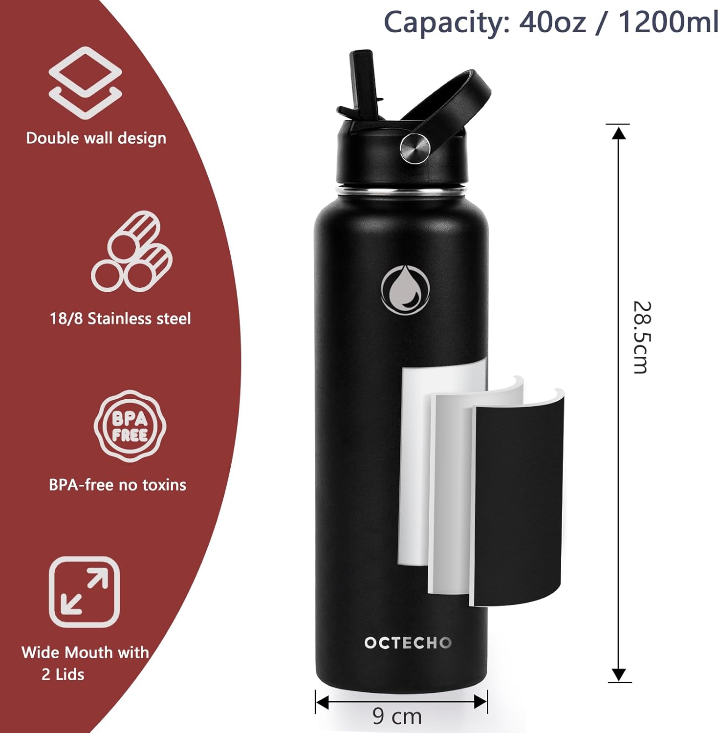 Metal Water Bottle with Straw, 1200ml Stainless Steel Water Bottle 2 Leakproof Lids, BPA Free Double Walled Vacuum Insulated Water Bottles Thermal for 12h Hot & 24h Cold,for Man,Woman-Black