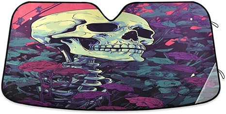 ALAZA Sugar Skull Flower Floral Car Windshield Sun Shade Blocks Foldable Car Front Window Sunshade Automotive UV Rays Sun Visor Protector