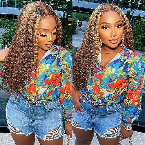 Image of bangjazz 13x4 Deep Wave Lace Front Wigs Human Hair Highlight Ombre 13x4 HD Transparent Lace Frontal Wigs Human Hair 180% Density P4 /27 Colored Glueless Curly Wigs for Black Women 24 Inch