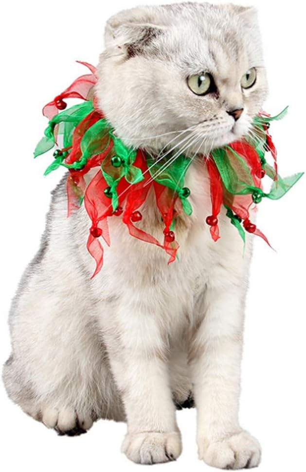 ANIAC Elastic Lace Christmas Dog Collar with Jingle Bell Pet Halloween Santa Costume Decorative Puppy Holiday Dress Red Geen Collar for…