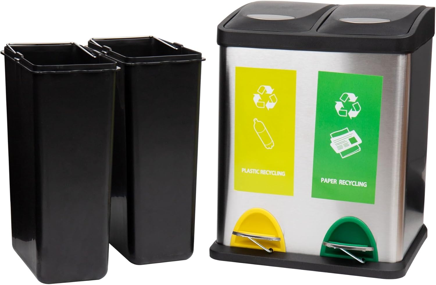 Mind Reader Dual Recycling Bin, Kitchen Trash Can, Garbage Bin, Lid, Stainless Steel, 18" L x 10.5" W x 15.5" H, Silver