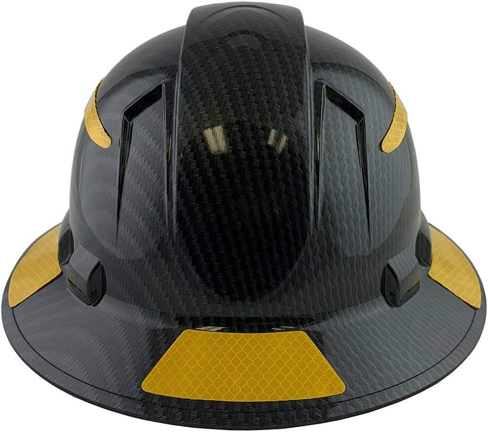 Ridgeline Full Brim Hard Hat, Graphite Shiny Black Pattern with Hi Viz Yellow Reflective Decals & Tote Bag, Skull Hard Hats for Men with Ratchet Suspension, Safety Hard Hats for Men, Fits 6.5–8