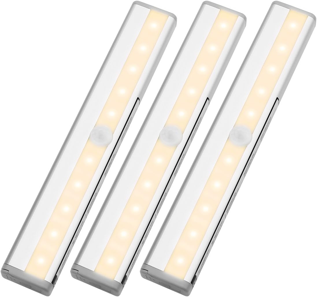 Nilight LE LED Closet Light, 10-led Motion Sensing Under Cabinet Lighting, Wireless Stick-on Anywhere Stair Lights, LED Light Bar with Magnetic Strip, Battery Operated, 3000K Warm White, Silver, 3-Pack