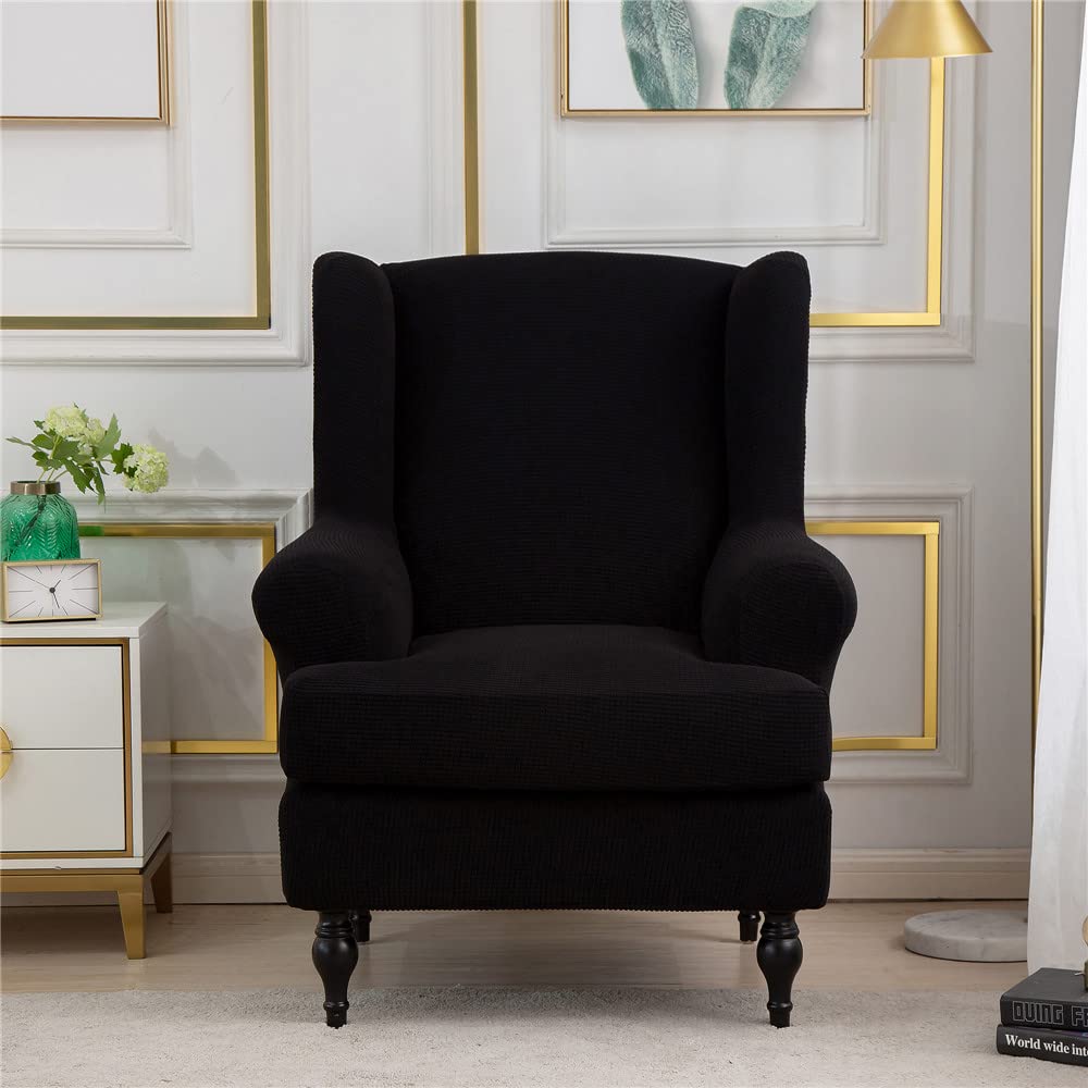Highdi Black Wingback Chair Covers 2 Piece Stretch Wing Chair Slipcover, Washable Solid Color Corn Velvet Sofa Cover Furniture Protector For Armchair Chairs Hotel Living Room Bedroom (Black)