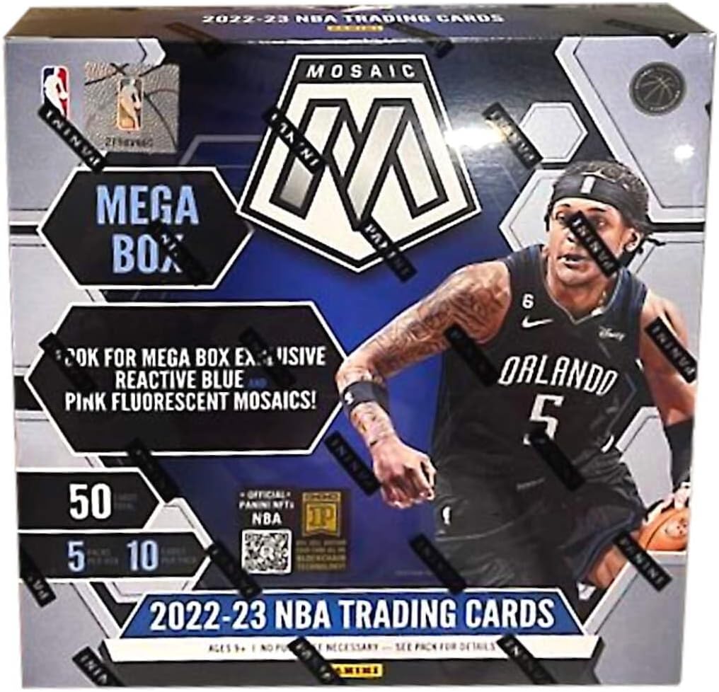 Panini presents the 2022-23 NBA Mosaic Basketball Trading Card Mega Box! Each box contains 5 packs with 10 cards per pack. Look for the Mega Box Exclusive Reactive Blue and Pink Fluorescent Mosaic Parallels!