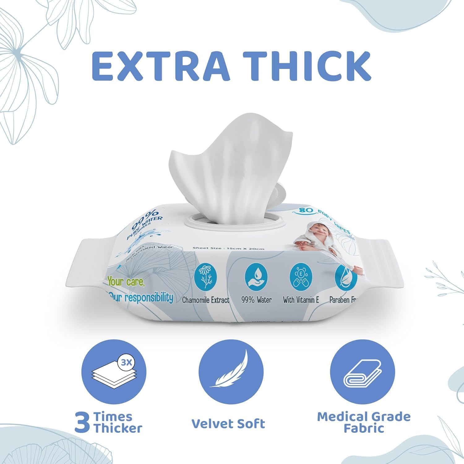 Baby Wet Wipes with Lid 240 Count - 100% Biodegradable Plant Fabric, Fragrance-Free, Aloe Vera & Vitamin E, Hypoallergenic, Extra Soft & Safe Baby Wipe (3 * 80)