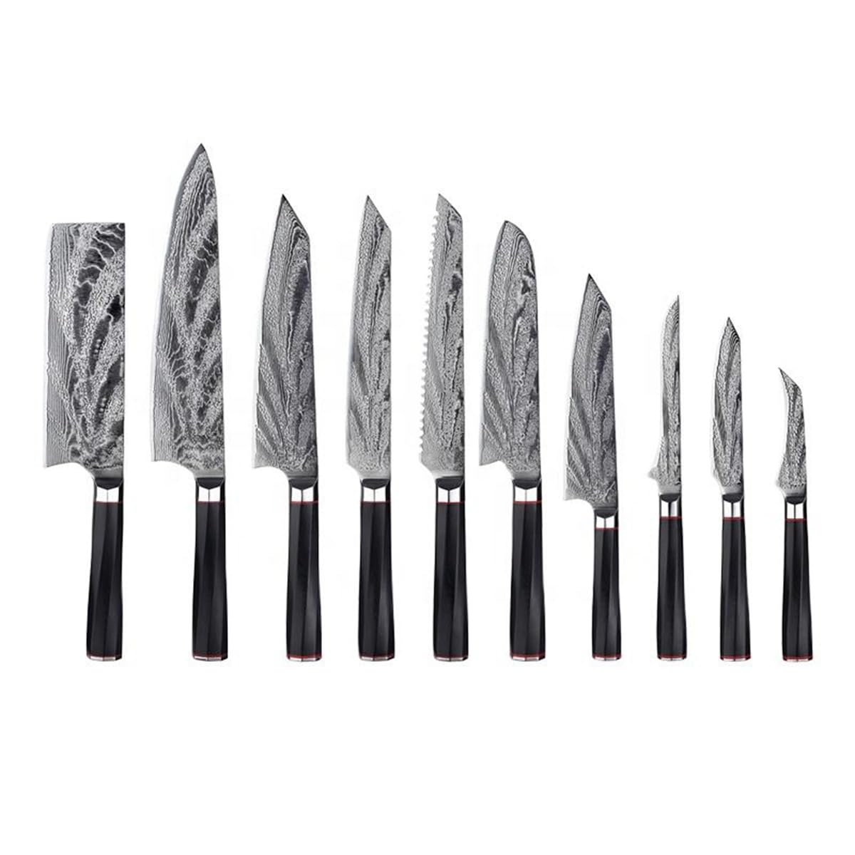 IKXOKnife Set 10 Piece Kitchen Knife Set Damascus Chef Knife Professional Kitchen Knives,G-10 Handle Twisted Octagon, Black, Full Tang Professional Forged Handmade