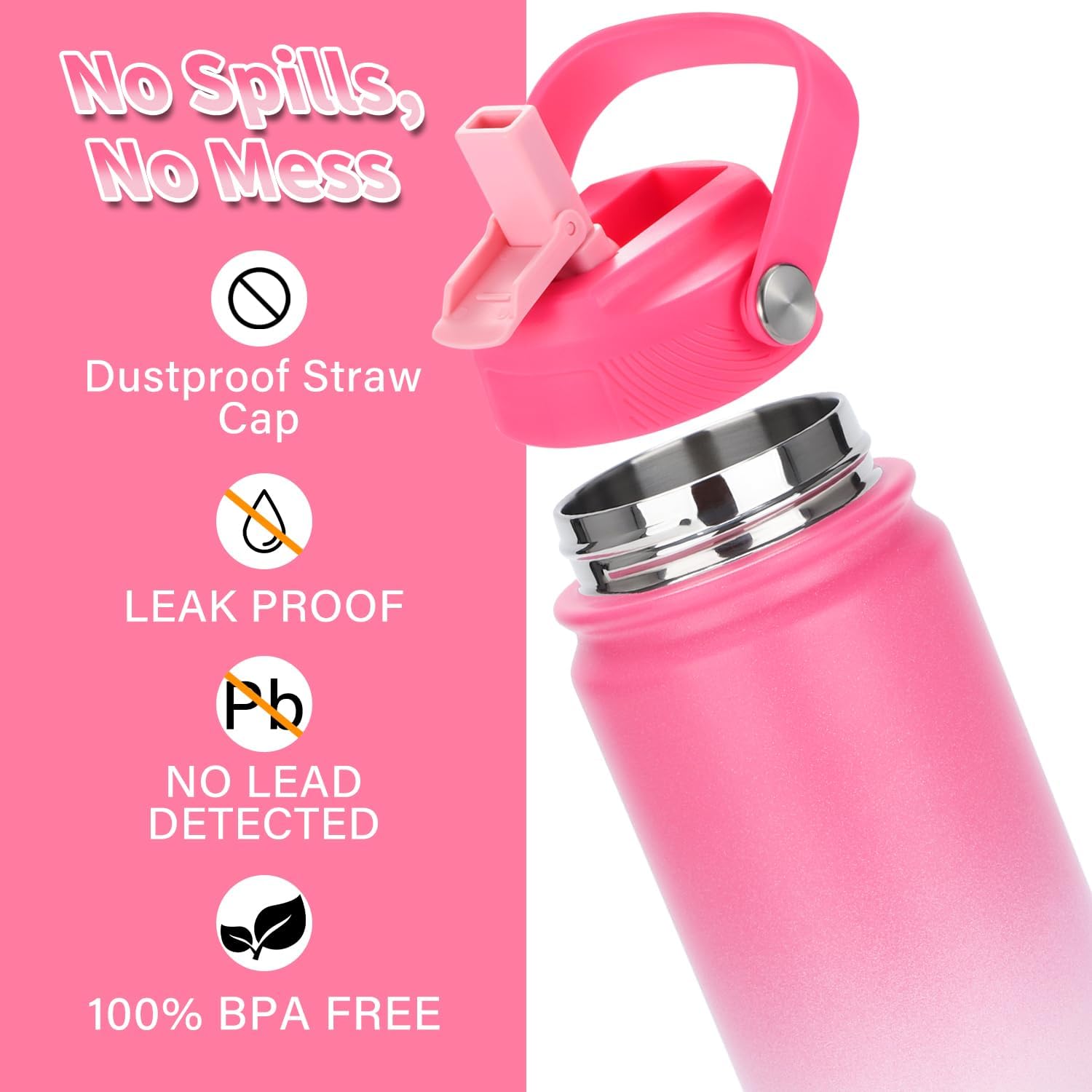 Mininoo Insulated Stainless Steel Kids Water Bottle for School with Straw Lid & Strap, 50 Stickers, 18 oz(Sweat Peach) - Image 3
