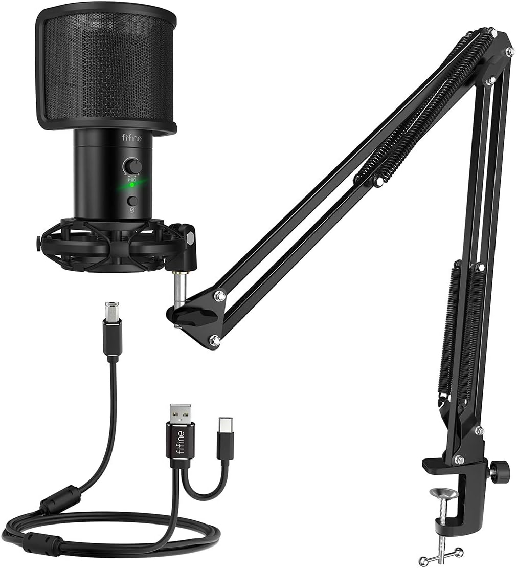 USB Gaming Streaming Microphone Kit for PC Computer, Condenser Mic Set with Arm Stand Mute Button & Gain, Mic Studio Bundle for Podcast Recording Twitch Discord YouTube Zoom, USB C & A -T683