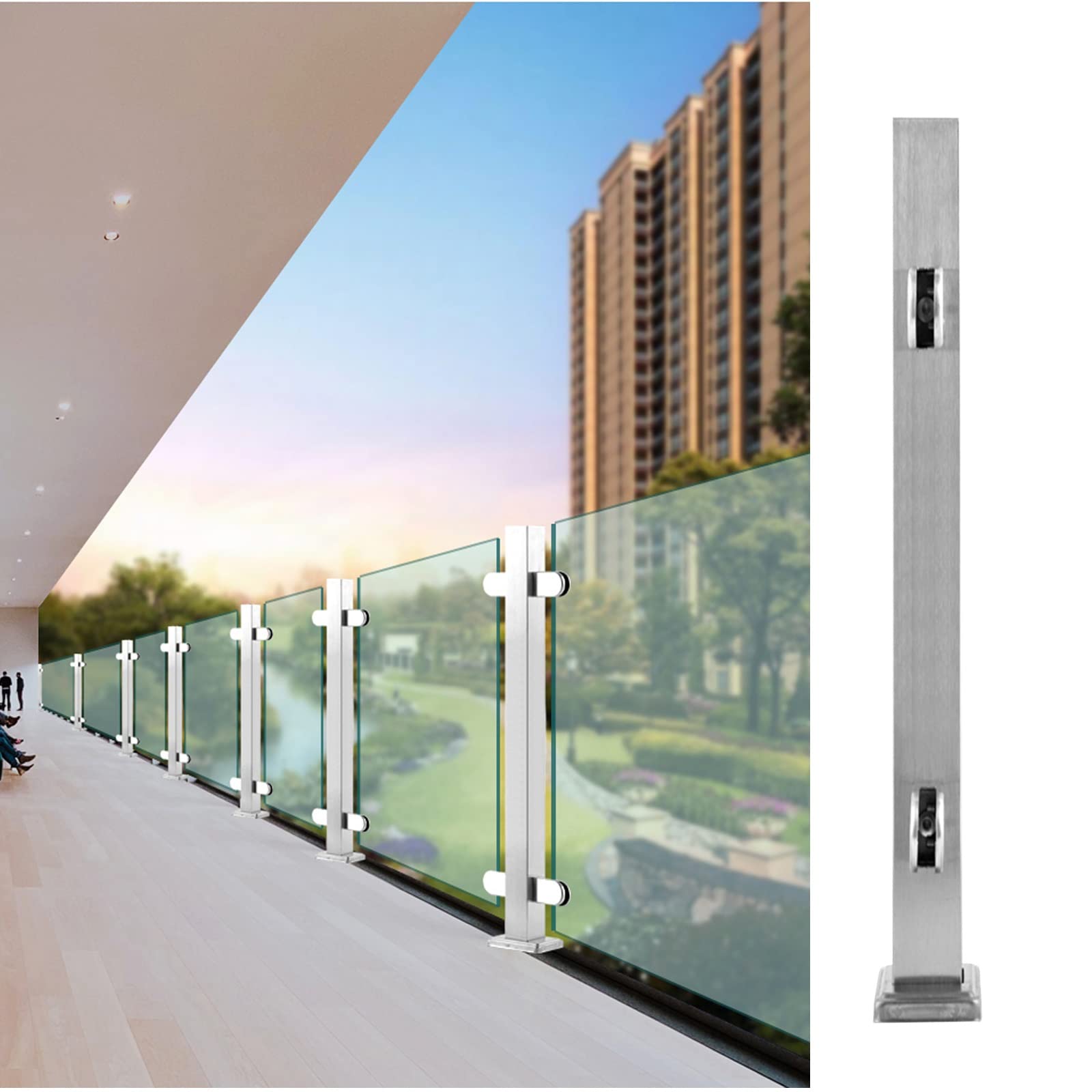GHHVFEC Square Glass Clamp Railing Posts Stainless Steel Pool Fence For Home Garden Stairs Balcony Balustrade Heavy Duty Baluster Panels Pillar End Post Hight 95Cm/37In,End Post-Hight 125cm/49in