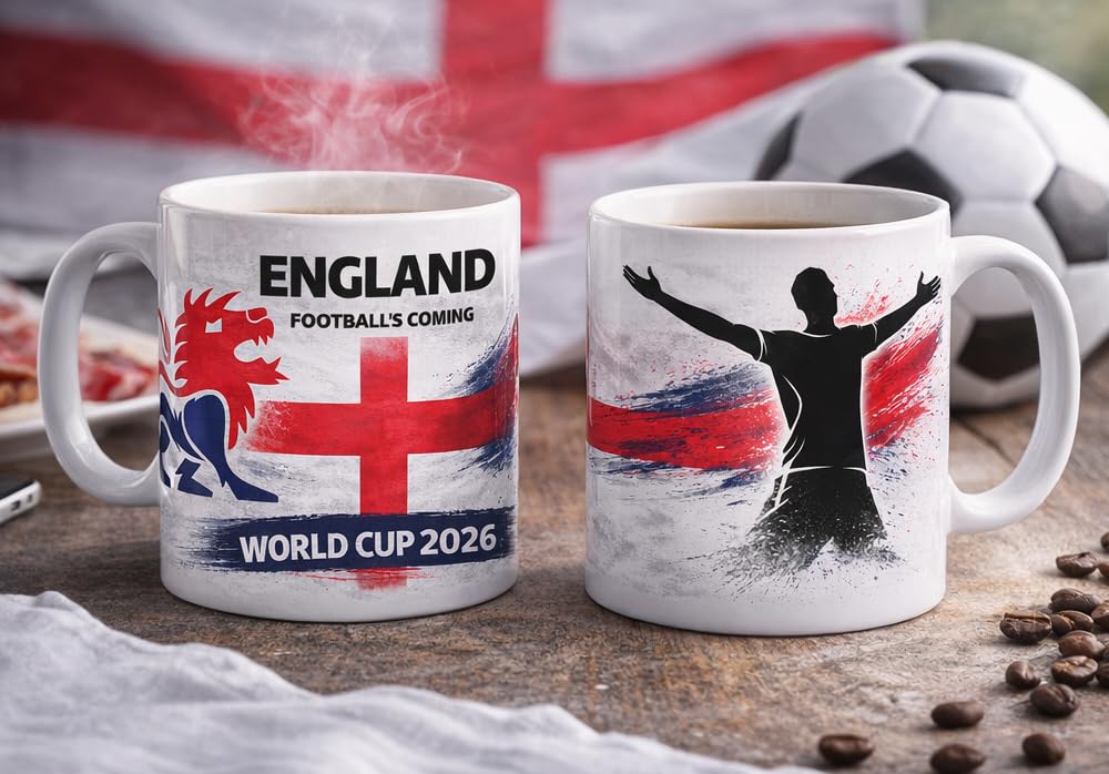 England Football Mug – World Cup 2026 – Football’s Coming Home – Three Lions Inspired Fan Gift – Ceramic Coffee Tea Cup