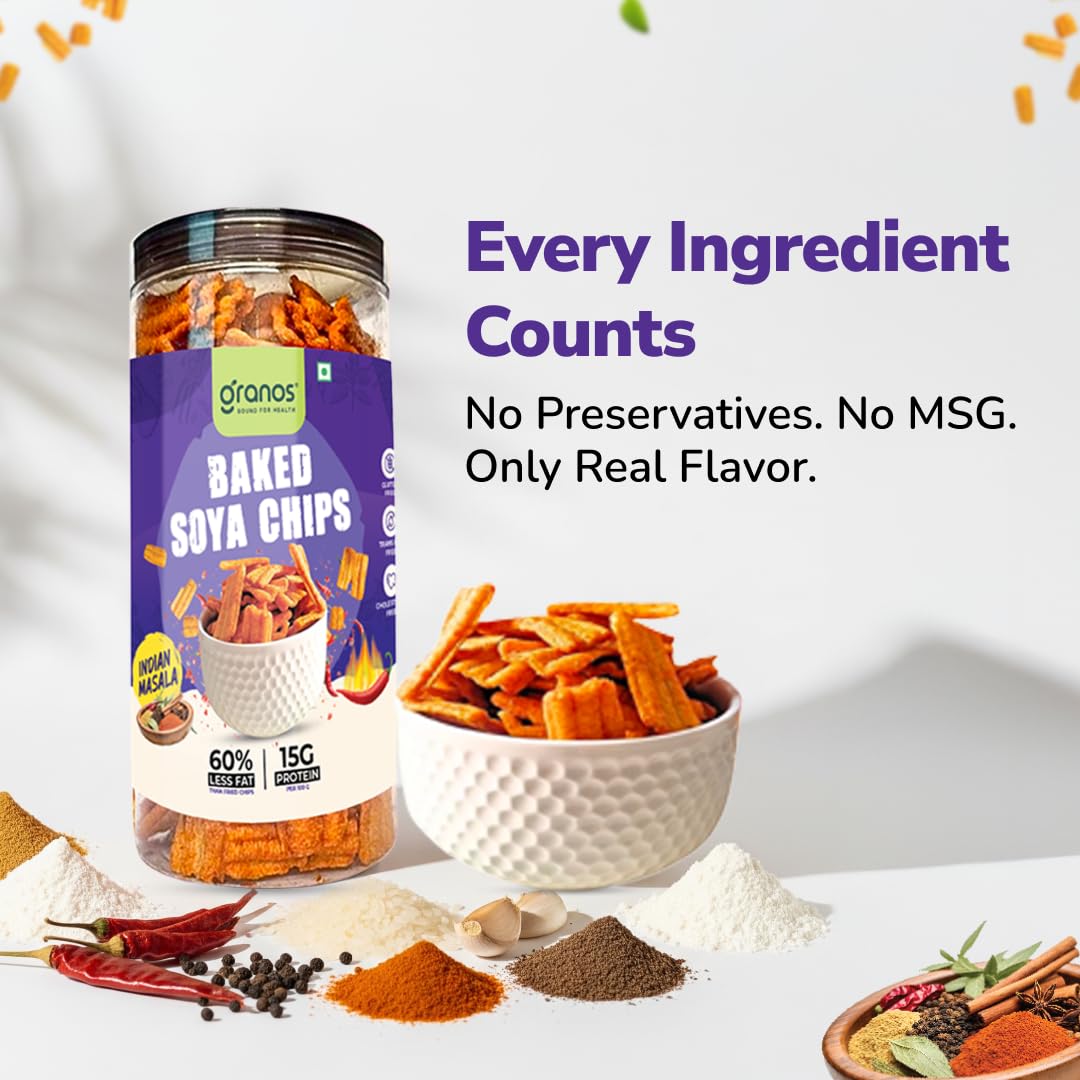 Granos Baked Indian Masala Soya Chips 200gm, Healthy & Crunchy Snack, Indian Masala Flavour, High Protein, Gluten Free Chips, 100% Vegan, No Preservatives, High Dietary Fiber & Nutrient, Pack of 2 - Image 5 thumbnail