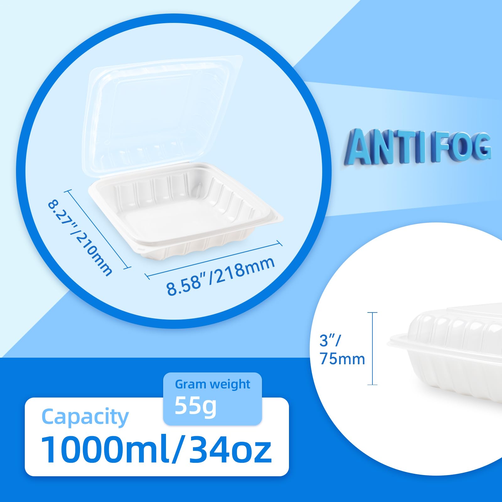 YANGRUI Contenedores para llevar, envoltura retráctil antivaho, paquete de 25 unidades, 8 x 8 pulgadas, 34 onzas, contenedor blanco para preparación de comidas, sin BPA, apto para microondas y