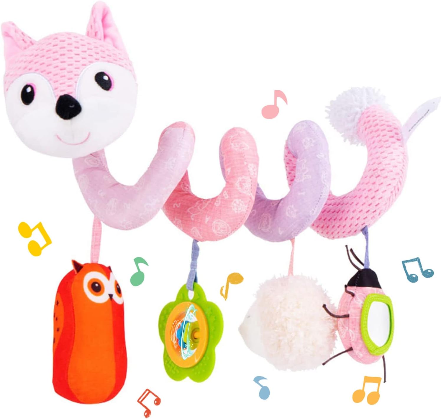 KotySpiral Pram Toys for Babies, Pushchair Stroller Car Seat Cot Crib Toys for Baby Boys Girls 0 3 6 9 12 Months, Plush Activity Rattle Hanging Toy Sensory Gift for Newborn Infant (Pink Fox)