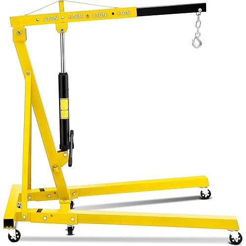 2 Ton Cherry Picker Engine Hoist, 4400LBS Hydraulic Heavy Duty Crane Lifter with 6 Casters, Folding Cherry Picker with Telescopic Boom, Engine Hoist Lift for Garage, Workshop, Warehouse, Yellow