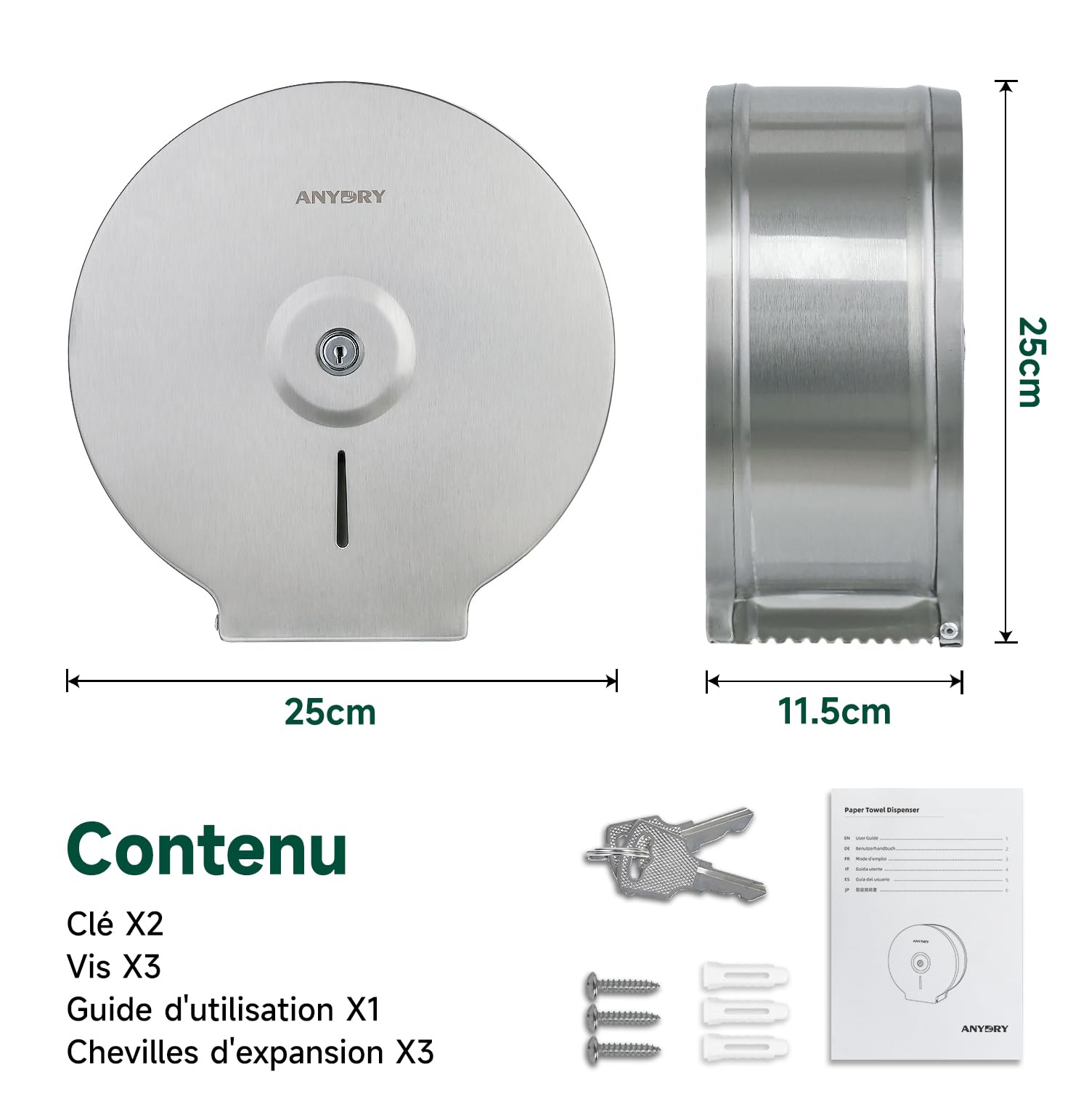 anydry 5182 Distributeur d'essuie-Mains en Acier Inoxydable Distributeur Commercial Tour à Main Montage Murale Adapté au Papier en Rouleau (brossé