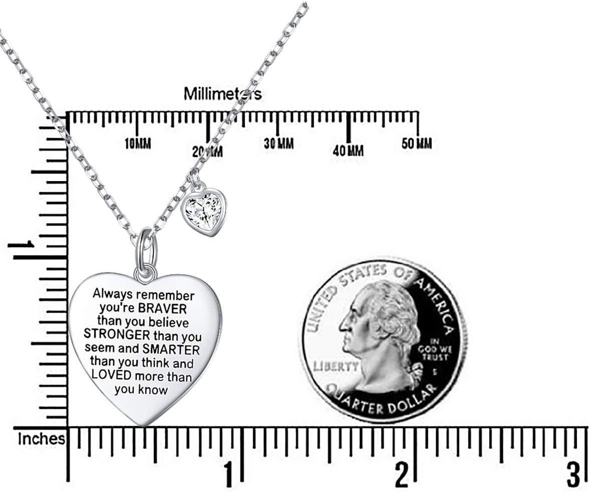 FLYOW Sterling Silver Always Remember You are Braver Than You Believe Jewelry Heart Pendant Necklace Inspirational Gifts for Daughter from Mom Dad