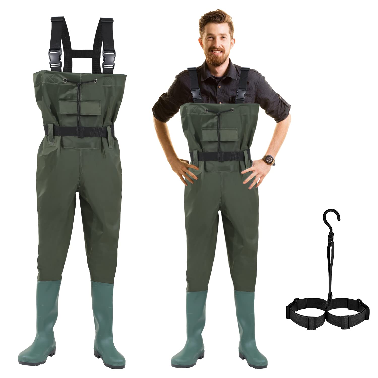 ISOISL Wathose, Wathose Herren Wasserdicht, 70D Nylon Composite PVC Angelhose, Anglerhose mit Stiefel, Wathose Herren Damen mit Haken für Baustellen, Angeln, Bauernhöfe, Gärten