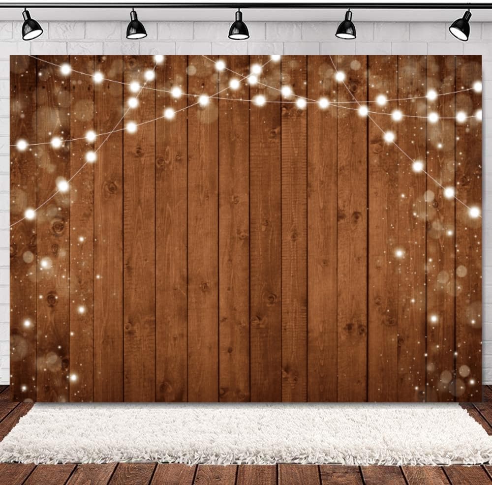 INRUI Sfondo di legno rustico muro fotografia Backdrop retrò marrone legno con luce stringa foto Banner legno parete studio decorazione (2,1 x 1,5 m)