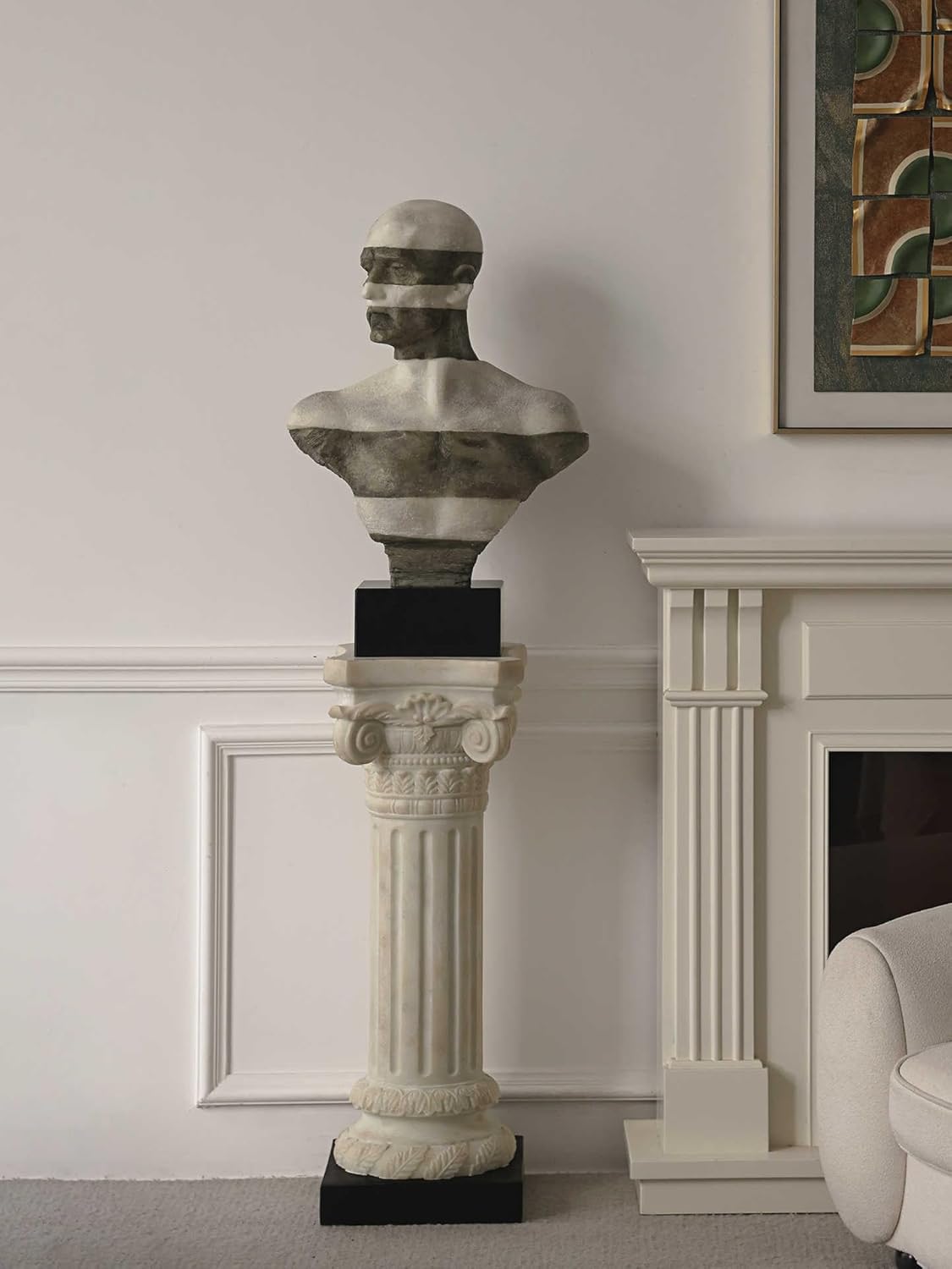 Designer Vintage Half-Body Bust Sculpture, Artistic Statement Pedestal for Entryway, Living Room, or Hotel