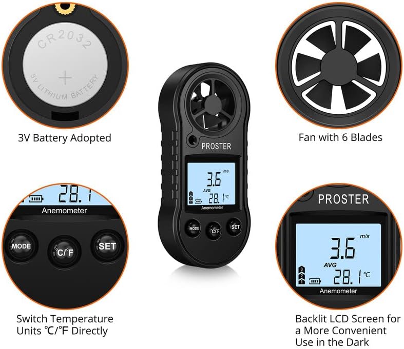 Proster Wind Speed Gauge Portable Handheld Anemometer LCD Digital Wind Speed Thermometer Air Flow Measure for Windsurfing Sailing Fishing Kiteflying Outdoor Activities