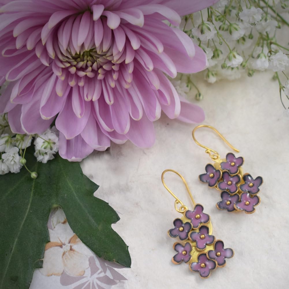 American Handmade Pink Forget-Me-Not Flower Earrings | Vitreous Enamel and 24K Plated Brass
