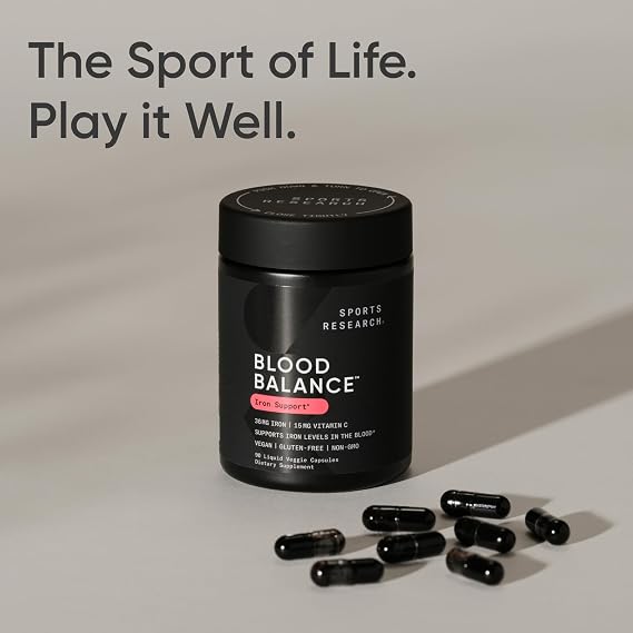 Sports Research Blood Balance Iron Supplement 36mg, 90 Liquid Caps | 36mg Iron, Folate & Vitamin C for Absorption | Red Blood Cell Support for Women & Men | Vegan Certified, Non-GMO, Gluten-Free