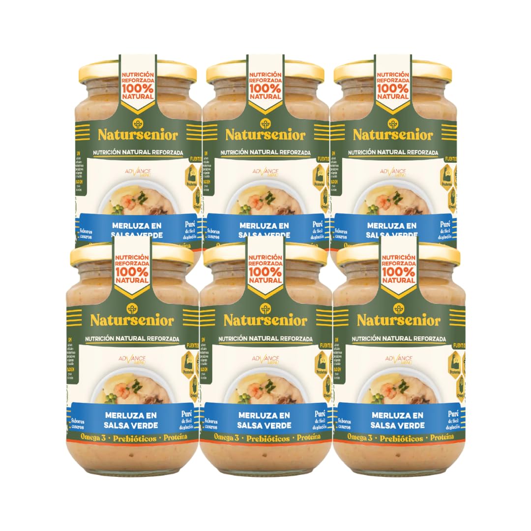 Natursenior - Comida Triturada para Personas Mayores - Pack Puré Merluza en Salsa Verde - 100% Natural, Omega 3, Fibra, Proteína - 6 uds x 340g