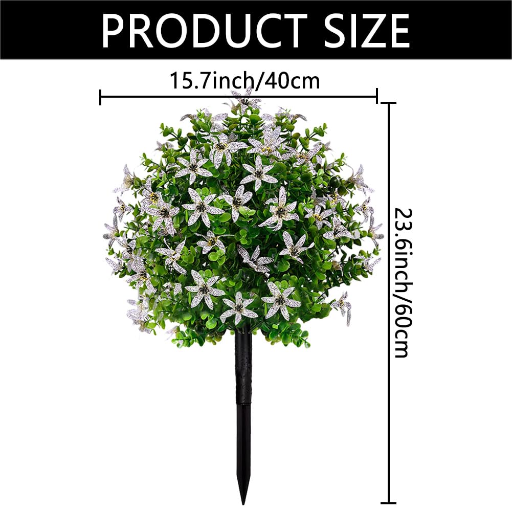 MTICYL 23.6in Artificial Boxwood Topiary Ball Trees with Flowers,2 Pack UV Resistant Faux Greenery Shrubs for Outdoor with Ground Spike,Fake Boxwood Plants for Front Porch Garden Yard