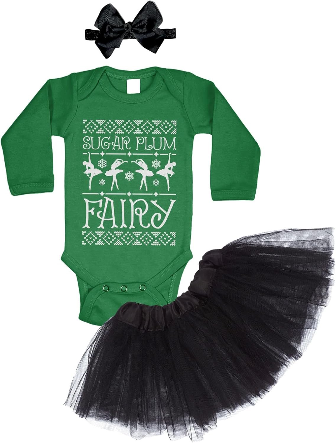 Tcombo Sugar Plum Fairy - Ugly Christmas Pattern Baby Bodysuit + Tutu Skirt + Bow Headband Set