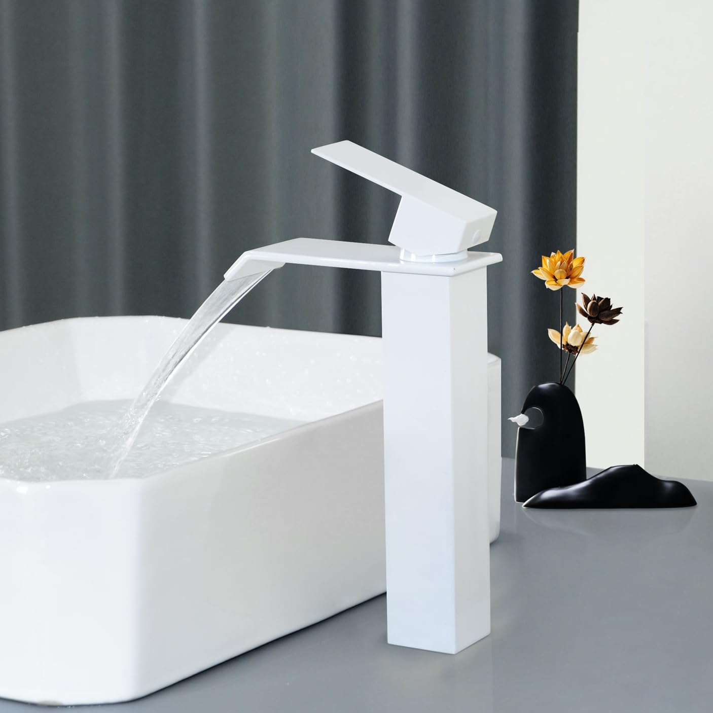 PHASAT Grifo de Baño Alto Cascada Grifo de Lavabo con Caño de 205mm de Altura, Mezclador Monomando Lavabo PTMP19W