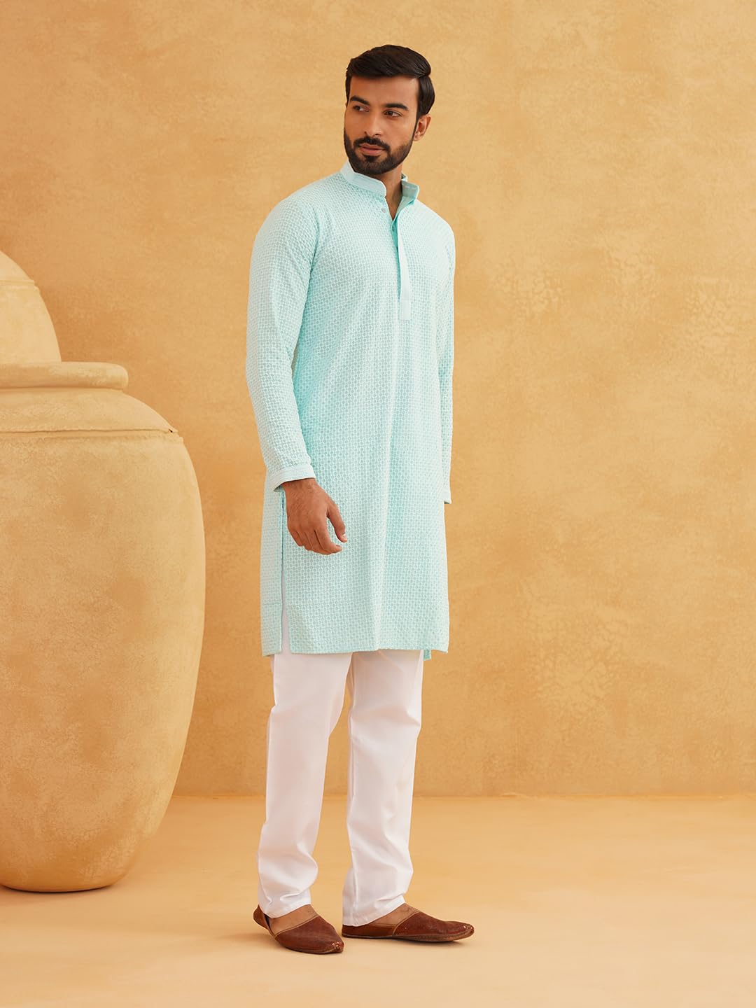 Sojanya (Since 1958 Men's Cotton Embroidered Thread Work Sky Blue Kurta With White Churidar Pyjama