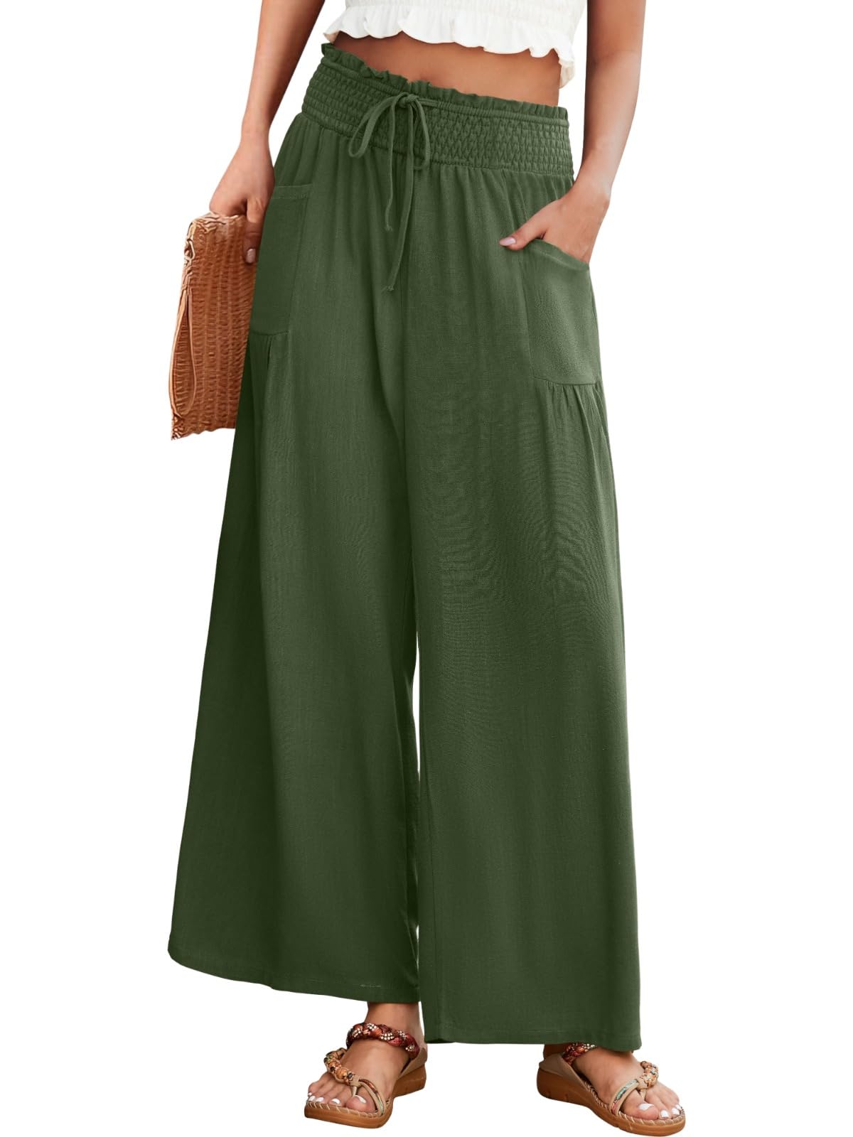 Linen Palazzo Pants for Women Wide Leg High Waist Casual Loung Trousers Beach Travel Vacation Harem Pants with