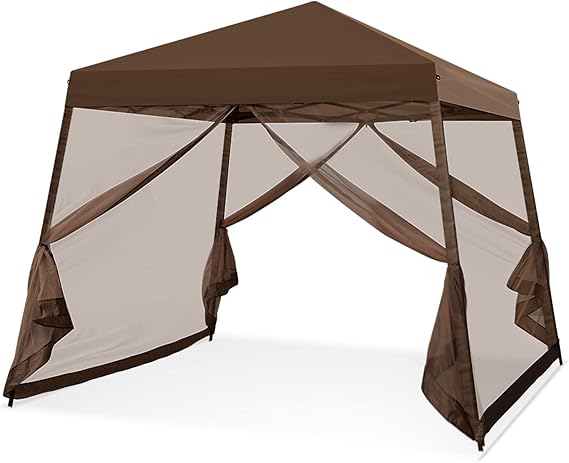 EAGLE PEAK 10x10 Slant Leg Easy Setup Pop Up Canopy Tent with Mosquito Netting 64 sqft of Shade, Brown