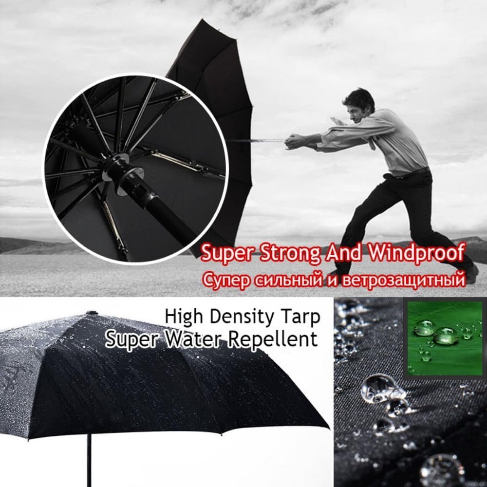Curved Handle Umbrella Windproof, Automatic Open Umbrella for Men Imitation Wooden Handle Travel Folding Umbrella Portable Black Rain Umbrella Auto Mens Sunny Umbrella - Image 5
