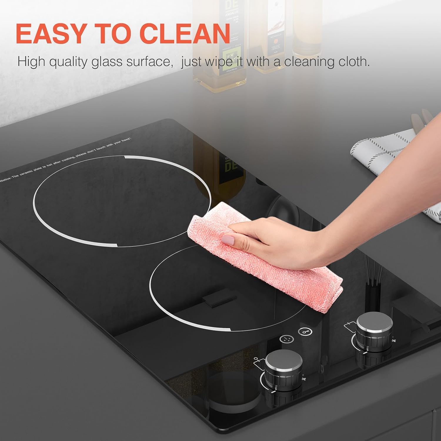 Plaque Vitrocéramique 2 Feux 3000W, Plaque de Cuisson Électrique Encastrable et Pose Libre 51cm, Compatible Tous Ustensiles, Réchaud avec Sécurité Enfant pour Appartement