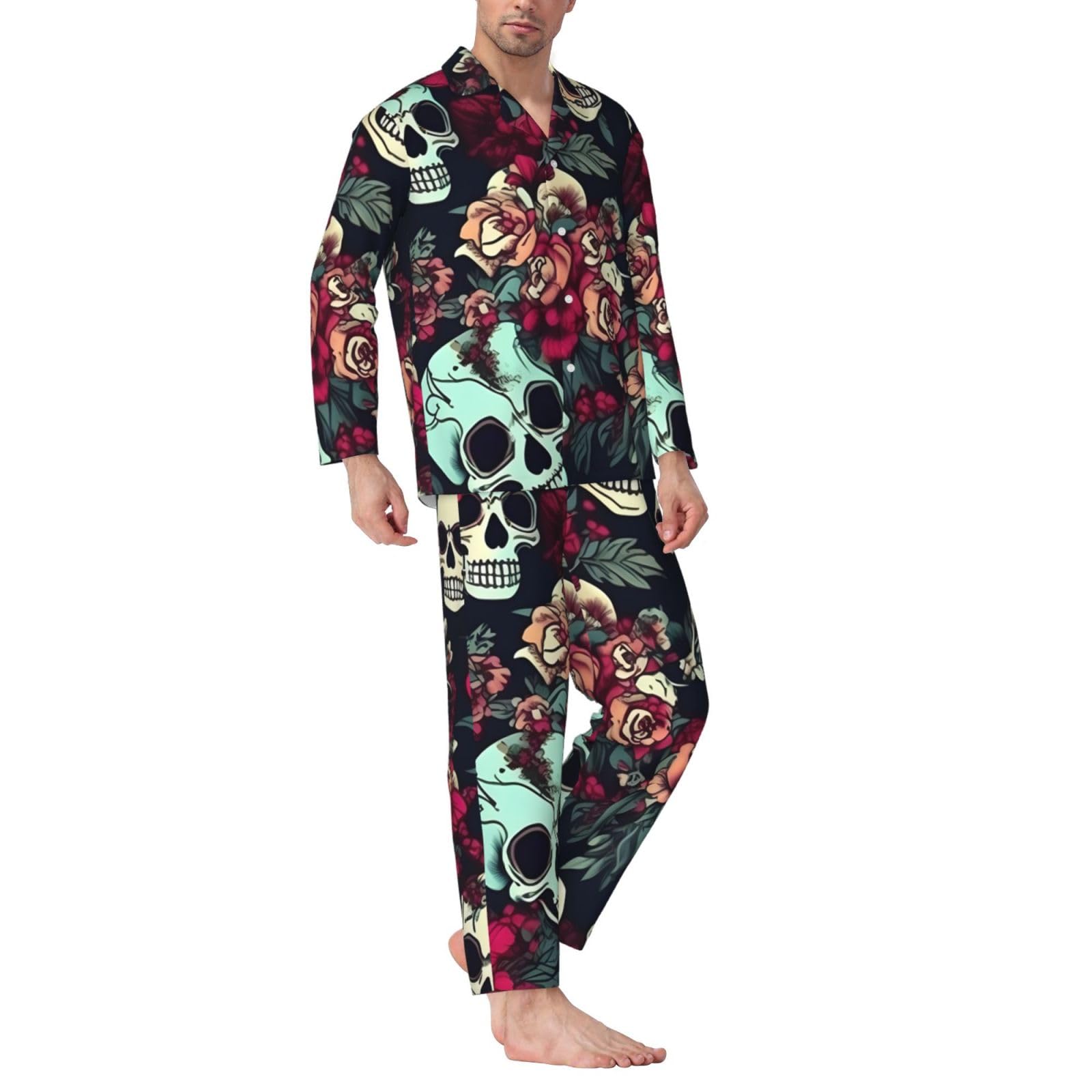 Herren-Pyjama-Set mit bunten Totenköpfen, langärmelig, zweiteilig, Hauskleidung, bequeme Nachtwäsche