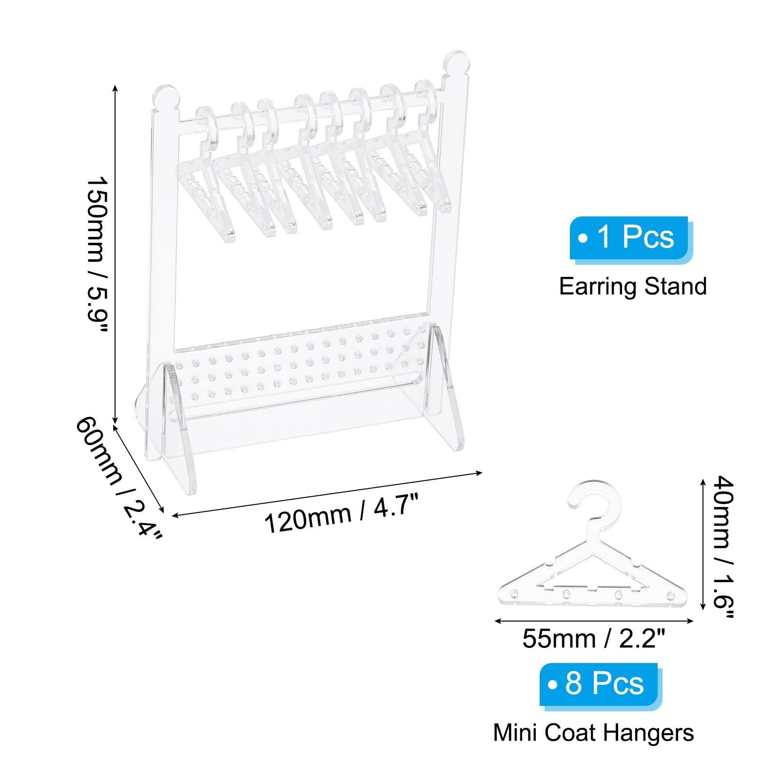 PATIKIL 1 Set Earring Holder with 8 Coat Hanger, Acrylic Earring Holder Organizer Stand Mini Coat Hangers Earring Display Stand Coat Rack with 48 Hole for Studs Long Earrings, Transparent