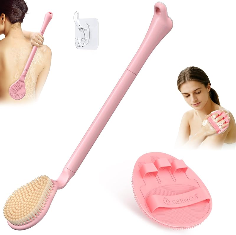 Escova para costas e corpo GEENOA com cabo destacável de 19 polegadas, cerdas de nylon e luva de silicone, rosa