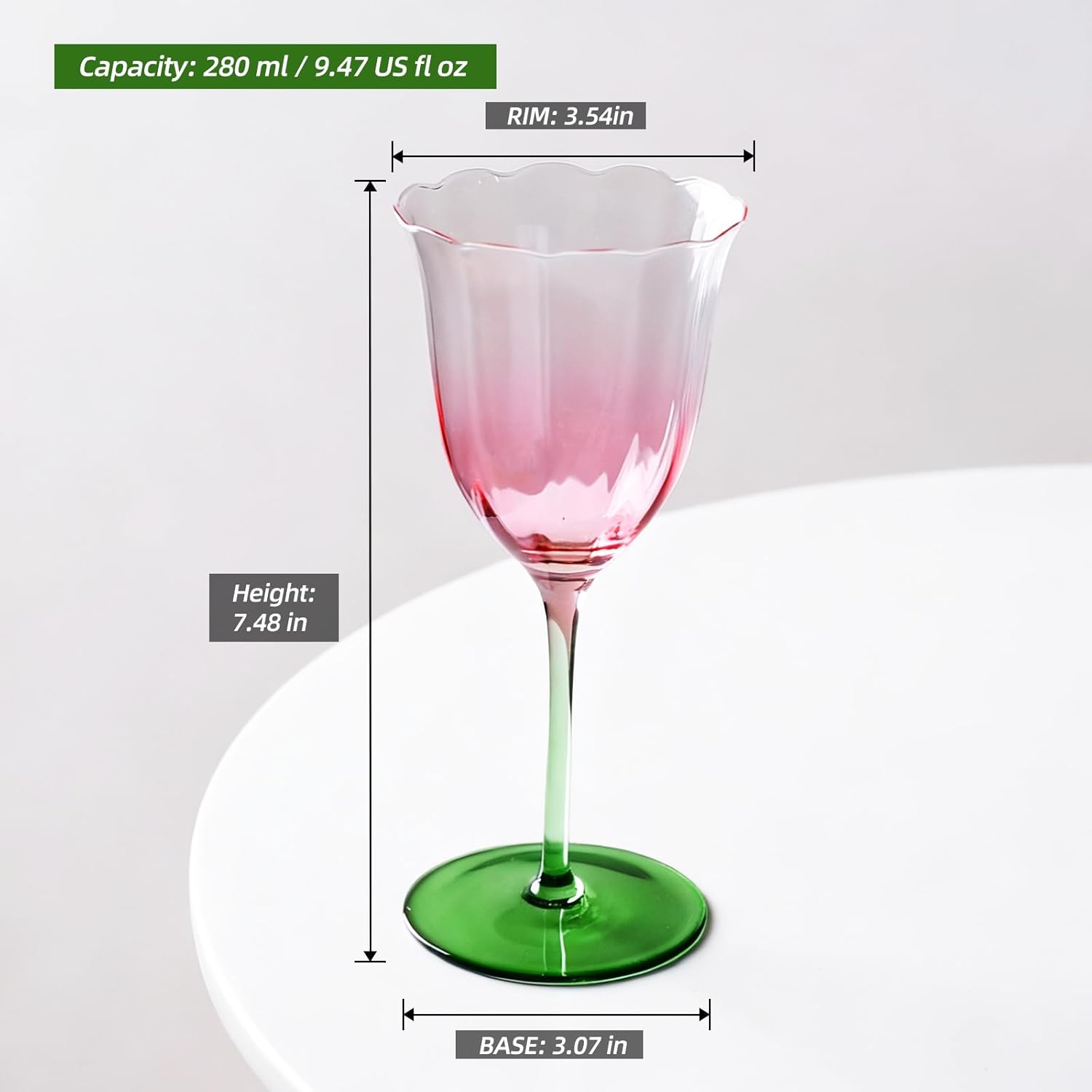 KAMMAK Wine Glasses Set of 2, 9.47 oz Hand Blown Crystal Bordeaux Wine Glasses, Thin Rim & Long Stem, Perfect for Red & White, Daily Use, Wedding or Birthday Gift with Gift Box, Pink-Green Flowers - Image 4