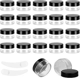 20pcs 10 Gram/10ml Jars, Sample Pots, Mini Jars With Lids, Clear Round Plastic Jars With 2 Mini Spatulas For Various Cosmetic Products, Samples， Eye Shadow Lip Balm, and Nail Powder (Black)